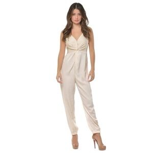 DO+BE Satin Front Knot Twist Spaghetti Strap Jumpsuit in Ivory